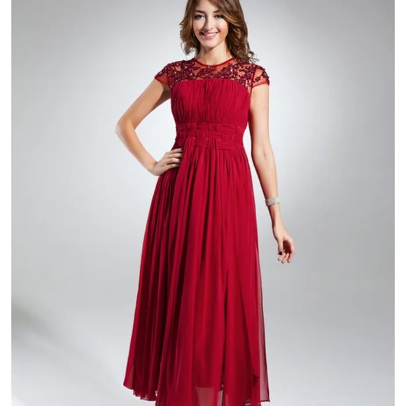 JJs House Dresses Jjs House Dark Red Chiffon Sequinned Lace